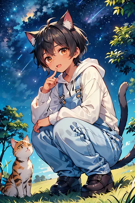 ((A boy:1.3)),((handsome:1.3)),((Alone:1.3)),((black hair:1.25)),((short hair:1.25)),((brown eyes)),(front view:1.0),(beige long sleeves cat ears hoodie:1.1),(white denim overalls:1.1),(finger to mouth:1.1),(crouching:1.1),//,((Grass in a vacant lot:1.1)),...