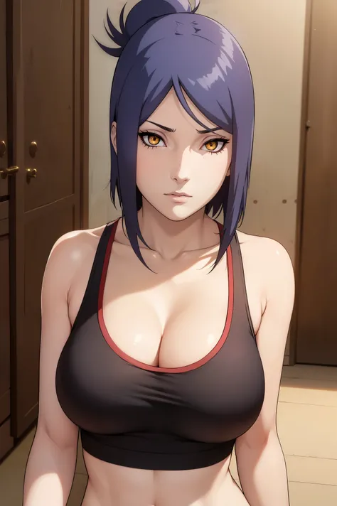 Konan from the anime Naruto Shippuden, made up, Golden eyes ,  short hair ,  sports bra in black, pronounced bust,  big breasts ,  beautiful and sexy body , flirty pose.