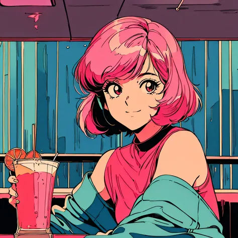 master piece, City Pop style, Pink Hair, fluffy bob cut, wearing headphones, shoulder length, alone, Futuristic, yet, lofi, retro, vintage, Ghost, light smile, 
drinking cocktails at a jazz bar, (( wide shot)), ((rainy day))