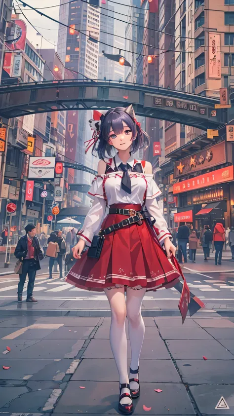 ( Masterpiece,  top quality:1.2), cowboy shot, Alone,  1 GIRL, Rem Ayanokoji, smile,  Watch Viewers ,  Long Sleeve,  Capelet ,  red skirt,  thigh high socks、 amidst the hustle and bustle of the city 。