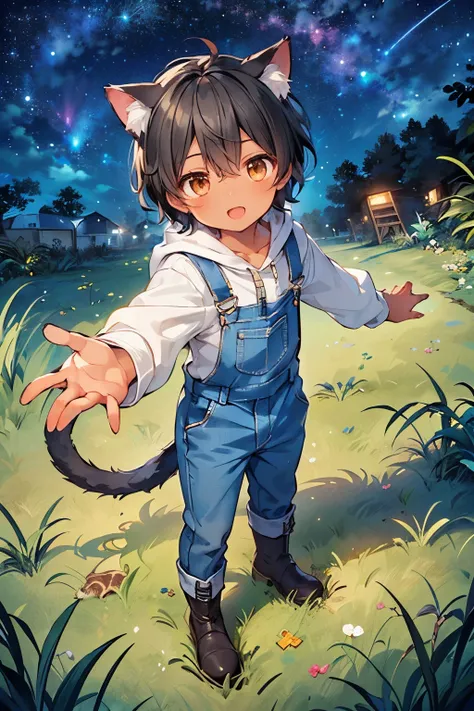 ((A boy:1.3)),((handsome:1.3)),((Alone:1.3)),((black hair:1.25)),((short hair:1.25)),((brown eyes)),(front view:1.0),(beige long sleeves cat ears hoodie:1.1),(white denim overalls:1.1),(reaching out her hand:1.1),//,((Grass in a vacant lot:1.1)),(looking v...