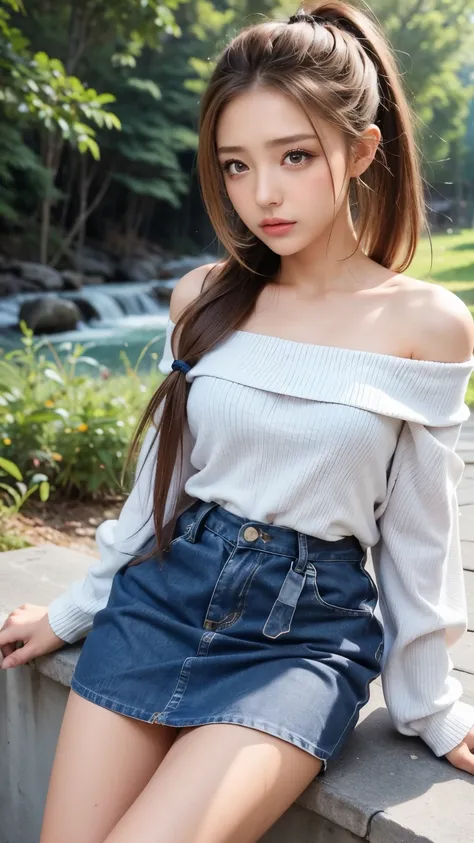  tan:1.5、 OFF SHOULDER、Gal clothes、(  top quality, 8k,  Masterpiece,  RAW photos : 1.3), Beautiful Korean Women , A toned and well-trained body、  earrings, Thin Bracelet, whole body,  Highly detailed faces and skin tones、 beautiful eyes,  by Nomi,  enchant...