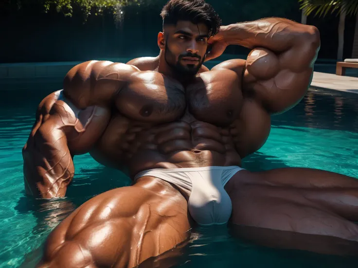 Laying in underwater Angry face Seductive photograph a wetty indian latino mascular man taking bath in outdoor lawn swimming and dripping on body with little mouth open during screaming and moaning and laying in swimming pool, muscular men, muscular attrac...