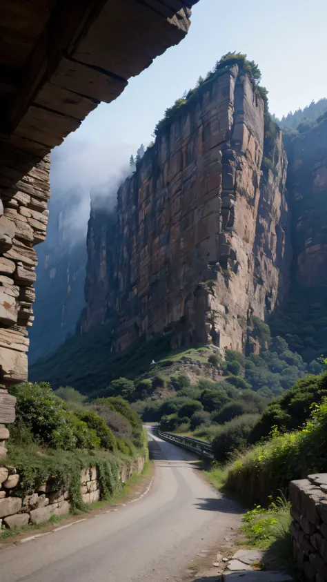 In high quality,( Photorealistic 8k RAW Photos ),Ruins on the Cliff 、 stones and steep valleys , tree々 with many small stone houses built on steep slopes {x}, Petra Ruins , ( not human), high resolution , Realism, ( Masterpiece), ( highest qu...
