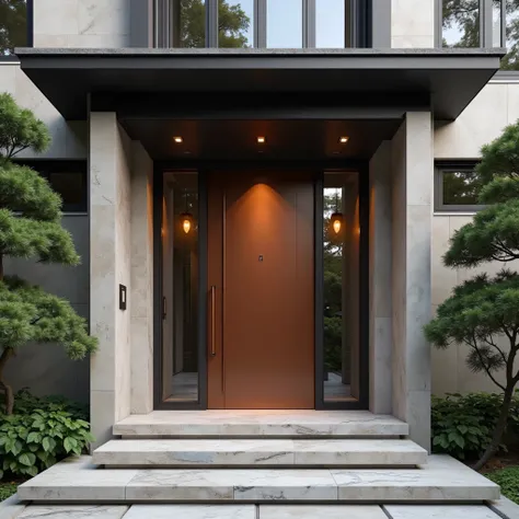 Modern Chinese style courtyard villa 、A three-storey villa、Positive effects、 entrance door entrance、Villa construction、Modern copper+stone door、、 purple copper material hangs on columns、 Square Stone Column