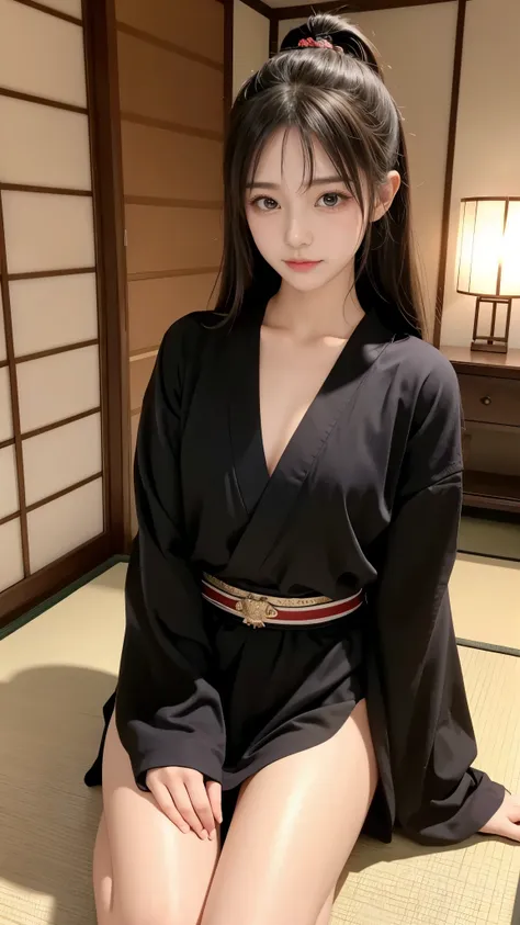 Beautiful Japanese Ninja Girl 、Mid-teens、Cute Japanese idol、do not' Doesn't Look Korean 、There are no Korean characteristics 、Unlike the Chinese、 No Chinese character 、 Live Action 、 film art style, Cinematic Light , Lomography 、 short wolf cut hai...