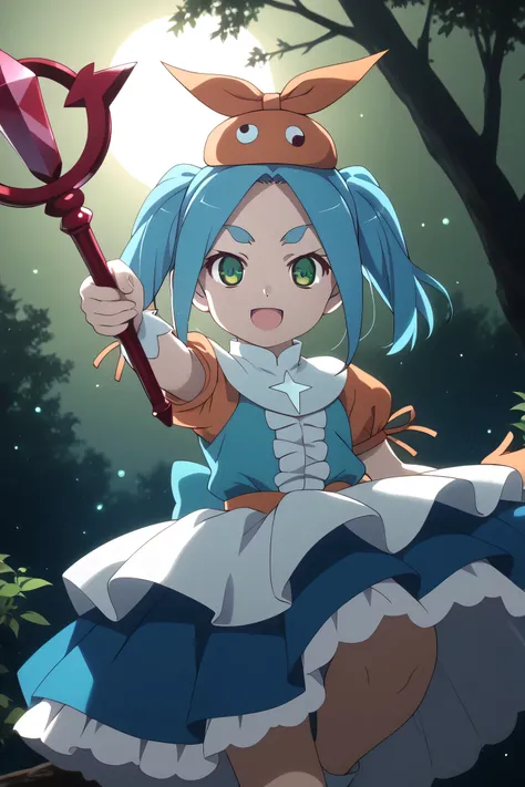 1 girl, solo, looking at the viewer,
Yotsugi Ononoki, light blue hair, short hair, green eyes, twin tails, thick eyebrows, hat, blushing, orgasm face, chibi

2D, masterpiece, best quality, amazing quality, 1 girl, solo, sitting, on a branch, forest, lookin...