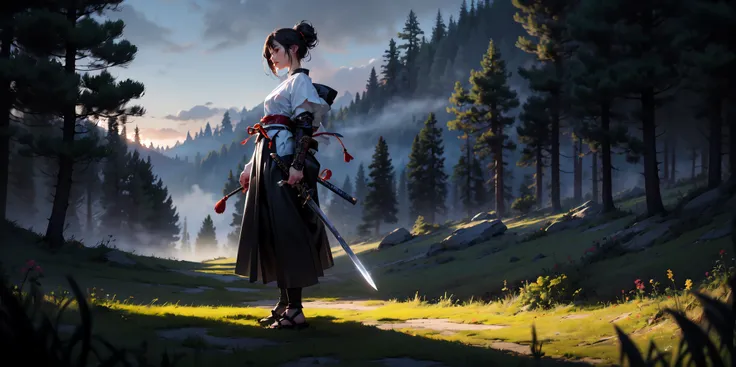 a masterpiece，Bestquality，offical art，8kwallpaper，Extremely Detailed，Illustration，1girl, samurai, practicing sword, field, wide shot, dawn, fog dramatic lighting, 