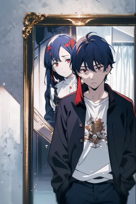 (masterpiece, best quality), Anime couple, ((((2peoples)))), ((((1girl)))), ((((1boy)))), sad, the boy with red eyes and short straight black hair is emotionally dead, the girl with blue eyes and long white hair and bangs is sad, both face each other, ultr...