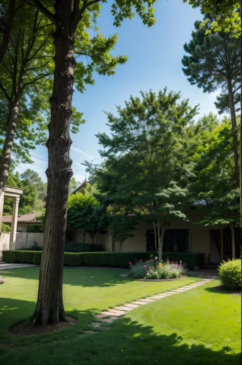 Alignment vertical, blurry garden, grass, trees, green, shinning 