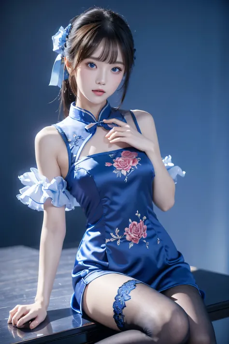 Cheongsam, 1 girl, blue bow, blue eyes, blue flowers, blue ribbon, blue rose, chest, Chinese clothing, Chinese clothing, dress, flower, gradient, gradient background, embroidered ball flower, looking at the audience, small chest, pantyhose, rose, single, t...