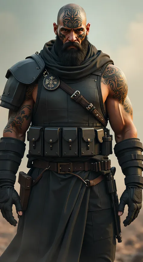  a tall man ,  thick ,  scars with sculpted muscles ,  deep , The face is covered with an Arabic tattoo, wearing tactical armor ,  but simple ,  Preferring agility and functionality over appearance.