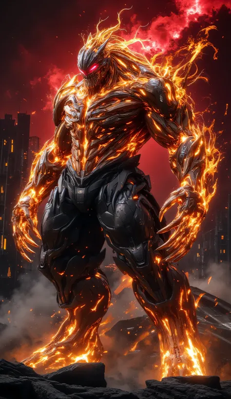 The superhero giant monster with a fiery body, wearing a magma armor that releases lava, red shining eyes like coals. Background: A city burning with a bright red sky will give a dramatic and full strict. Thick smoke, collapsed buildings, and the flames th...