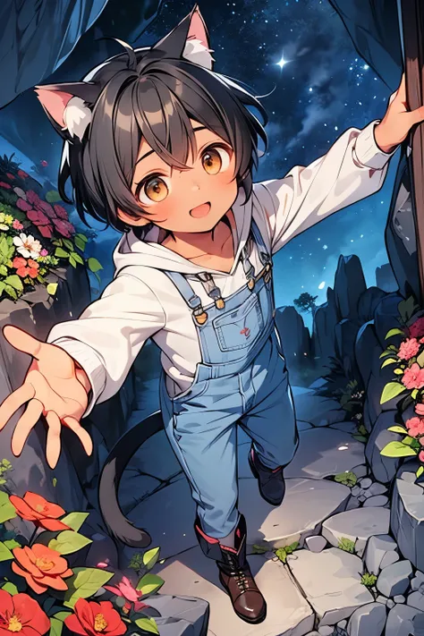 ((A boy:1.3)),((handsome:1.3)),((solo:1.3)),((black hair:1.25)),((short hair:1.25)),((brown eyes)),(light step:1.0),(beige long sleeves cat ears hoodie:1.1),(white denim overalls:1.1),(outstretched arms:1.1),//,((Flower garden and treasure chest inside the...