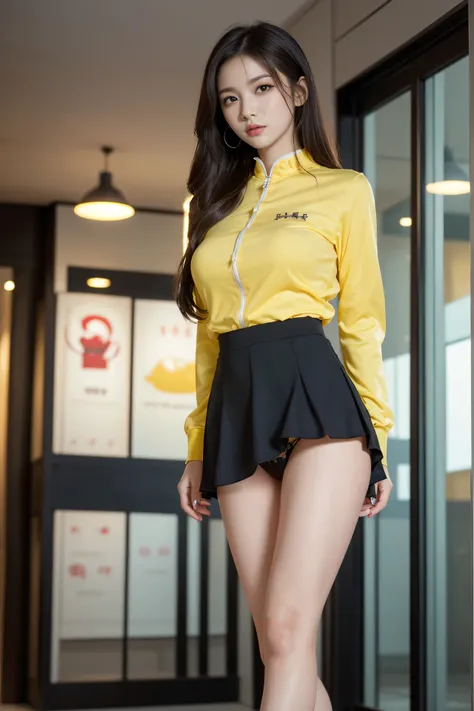 (((long black hair,  pretty Chinese idol, beautiful skin、big eye、 Brown Eyes 、forehead、Extreme pose、A calm face、dewy finish makeup:100.0、eyeliner:100.0, beautiful girl、shopping mall background、cute、Young、True Face、Shiny Hair、whole body)))、table top, highes...