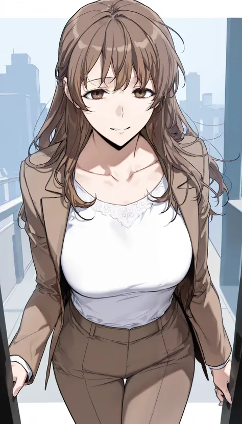 score_9, score_8_up, score_7_up, score_6_up,masterpiece, best quality, high resolution,1girl,mature female,long hair, brown hair, brown eyes, bangs,brown jacket, long sleeves, white shirt, collarbone, brown pants,hewsV1