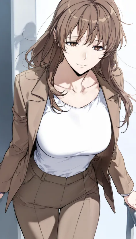 score_9, score_8_up, score_7_up, score_6_up,masterpiece, best quality, high resolution,1girl,mature female,long hair, brown hair, brown eyes, bangs,brown jacket, long sleeves, white shirt, collarbone, brown pants,hewsV1