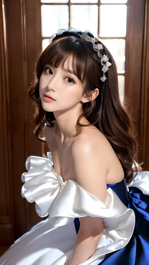 (((top quality))), (((masterpiece))), (((details))), perfect man turned woman, tall, looking at camera, face-to-face, girly empire length wedding dress with dark blue shiny silk satin ruffle, hands thrust forward, Japanese, brown hair,. Long hair Gorgeous ...