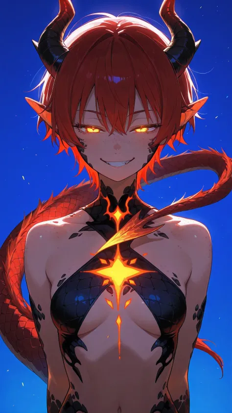 1girl, whole body, dragon girl, neon colors, glowing colors, dragon girl, tail, pointed ears, horns, glowing eyes, evil smile, half-closed eyes, scales on the body, red hair, cyan eyes, short hair, blue background, tomboy, freckles, detailed eyes