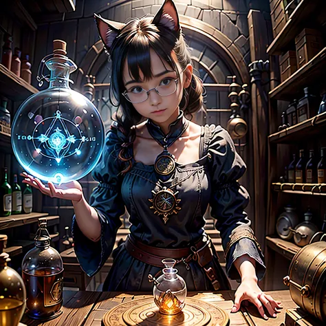 cute fantasy、((secret laboratory))、 One Human Girl 、( perfect anatomy:1.3)、( Highly Detailed Eyes and Faces )、(Glasses)、Cat ears、White、Correct fingers、(Alchemy Experiments )、 Magical Realism 、((Alchemy Experiments 室))、(((Laboratory equipment such as alcoho...