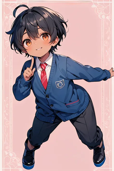 ((A boy:1.3)),((handsome:1.3)),((black hair:1.25)),((short hair:1.25)),((brown eyes)),((ahoge:1.25)),(front view:1.0),(Thick clothing and long sleeves:1.1),(blue check pattern cardigan:1.1),(necktie:1.1),(slacks:1.0),(tilt one's head:1.0),(pointing:1.1),//...