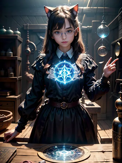 cute fantasy、((secret laboratory))、 One Human Girl 、( perfect anatomy:1.3)、( Highly Detailed Eyes and Faces )、(Glasses)、Cat ears、 school uniform、Correct fingers、(Alchemy Experiments )、 Magical Realism 、((Alchemy Experiments 室と実験器具))、 Glowing Mysterious Pla...