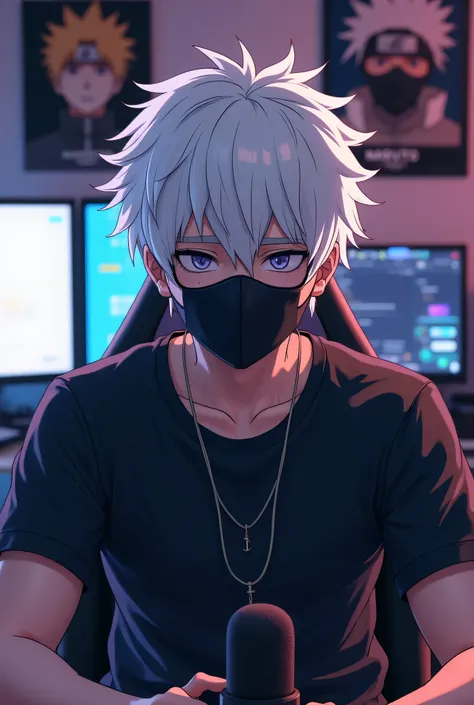 Create a anime boy look the camera to add animation who have a  mature looking like a man facing in front  he is a  YouTube content creator, sitting in his studio with futuristic gadgets and add white big hair to cover 1 eyes and add black face mask  there...