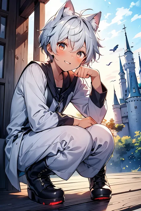 ((1-boy :1.3)),((handsome:1.2)),(( An Adult Man :1.15)), smiles with his mouth wide open,short Karl hair,White hair,(A castle town where you can see a castle in the distance:1.25),((dark skin body:1.6)),((top view:1.0)),((BIG cat ears:1.0)),(paw pose on th...