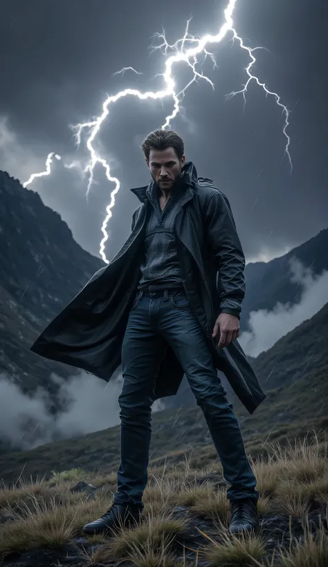 Man with a black jacket and jeans, standing with a serious expression. Background: The dark mountains with cloudy sky full of lightning. A strong lightning storm grabbed around.