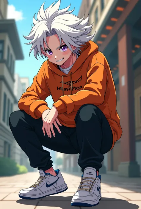 Create an anime character from Stilo Jujitsu Kaisen with white hair and purple eyes and a villain's mane but fun and charismatic with orange sweatshirt and black pants and white sneakers from Mizuni