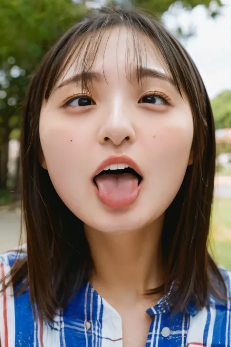 one woman, Korean idol, anguished face , (She opens her mouth wide:1.6), furrows are between her eyebrows, (POV:1.2), composition looking down on her, Random outdoor locations, Close-up of face , masterpiece, highres, high-resolution, 8k,8k portrait , real...