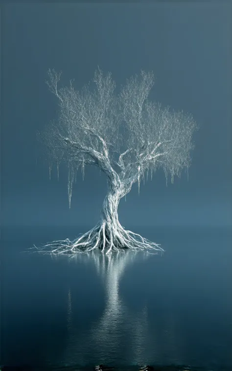 Create a large white dead tree floating on the surface of the water,It's bizarre that tree roots are intertwined,A large icicle hangs from a tree fork