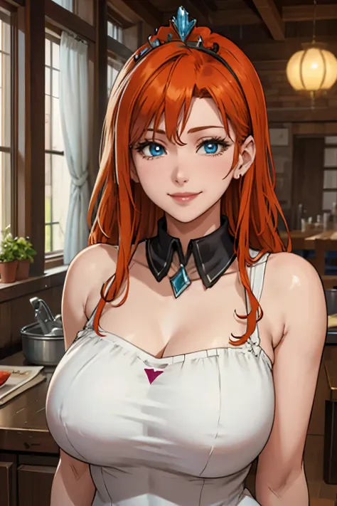 portrait, elegant mature woman, blue eyes, very long ginger hair, orange hair, big breast, ultra detailed cg 8k, beautiful cg, soft light, smiling, white dress, diamond collar, princess crown