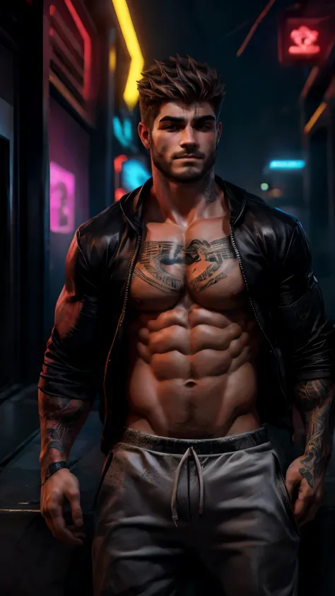 ultra realistic, unreal engine 5, Cody christian, cute boy, small muscles, pectoral, emphasise abs, inguinal lines, tattoo, stylish hair, stubble beard, bright red sweatpants, seductive, sexy, black eyes, smirk, raised eyebrows, looking at viewer, cyberpun...