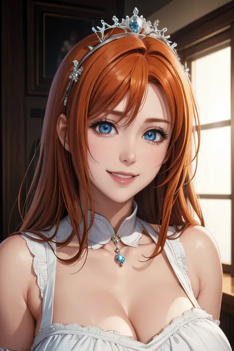 portrait, elegant mature woman, blue eyes, very long ginger hair, orange hair, big breast, ultra detailed cg 8k, beautiful cg, soft light, smiling, white dress, diamond collar, princess crown