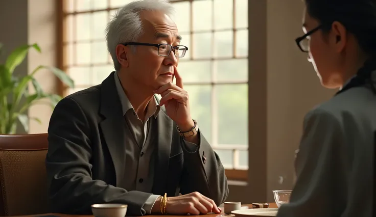 The realistic professor, now deep in thought, sits quietly in the tea room. A soft light filters through the paper windows, symbolizing enlightenment. His expression changes from frustration to realization as he absorbs the master’s wisdom.