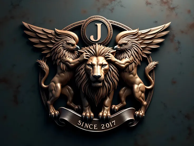 Create a realistic metallic logo for AWARA since 2012 with a lion between an eagle and a wolf and the letter j on top