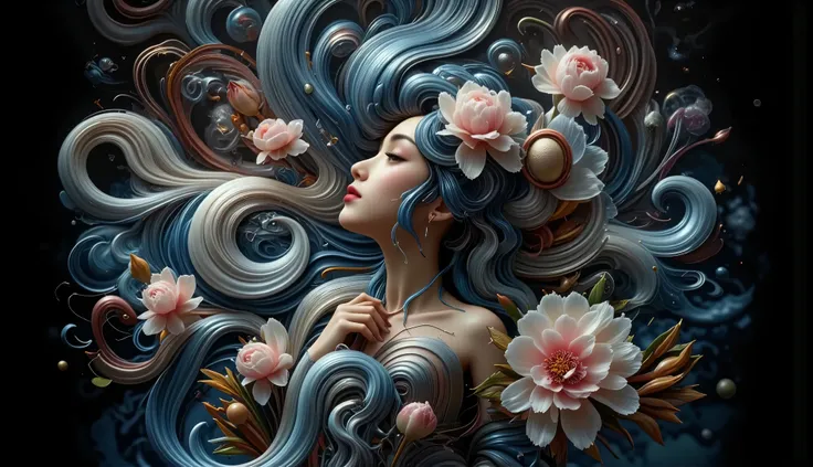 a powerful feminine figure her flowing hair creating hypnotic waves based on F(x) = x³*sin(x) + cos(x²)*sin(x), inspired by James Jean's surreal artistic style, her hair intertwining with blooming peonies and swirling botanical patterns, metallic accents c...