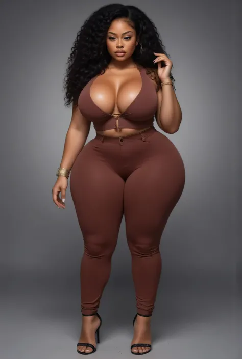 Full body, front view, African,  ,   gradient  curly hair, bigboobs, ((leggings, sexy top, high heels, (((plus size curvy body, wide hips))) )), plain background
