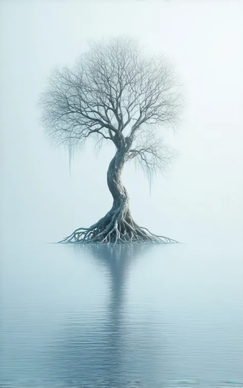 Create a large white dead tree floating on the surface of the water,It's bizarre that tree roots are intertwined,A large icicle hangs from a tree fork