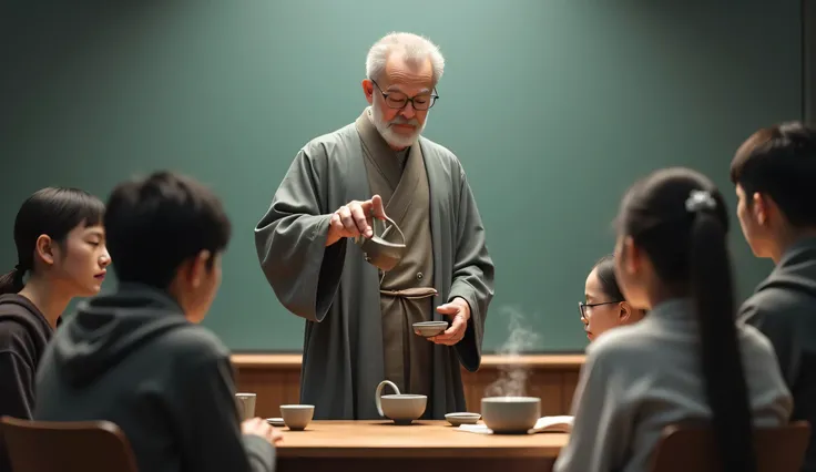 The professor, now a teacher himself, stands before a group of students, pouring tea into a cup just as the Zen master did for him. The students watch intently, learning the lesson.