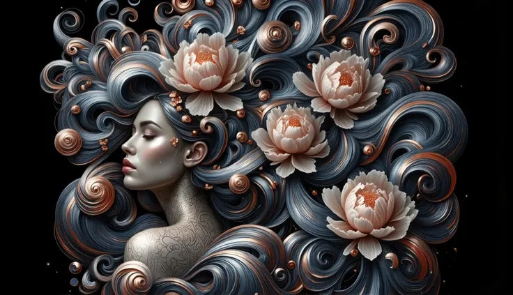 a powerful feminine figure her flowing hair creating hypnotic waves based on F(x) = x³*sin(x) + cos(x²)*sin(x), inspired by James Jean's surreal artistic style, her hair intertwining with blooming peonies and swirling botanical patterns, metallic accents c...