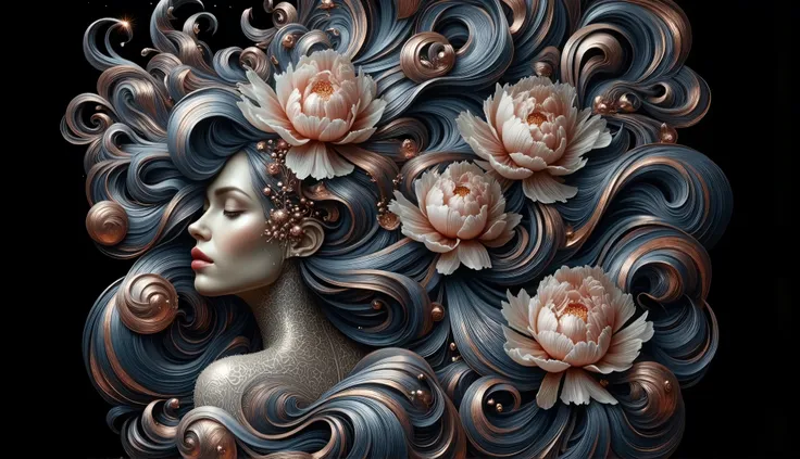 a powerful feminine figure her flowing hair creating hypnotic waves based on F(x) = x³*sin(x) + cos(x²)*sin(x), inspired by James Jean's surreal artistic style, her hair intertwining with blooming peonies and swirling botanical patterns, metallic accents c...