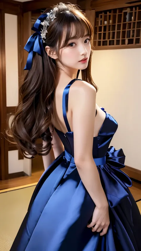 (((top quality))), (((masterpiece))), (((details))), perfect man turned woman, tall, looking at camera, face-to-face, girly empire length wedding dress with dark blue shiny silk satin ruffle, hands thrust forward, Japanese, brown hair,. Long hair Gorgeous ...