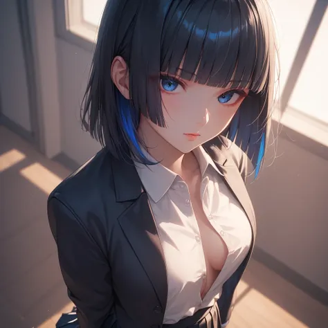 (( black hair))、(blue inner hair), best quality 、 Masterpiece、( professional lighting without shadows )、 surreal, charming、 figure like a slender supermodel 、 One Girl , (looking at viewer, looking ahead, from above), (大きな胸), (Bright, beautiful blue eyes ,...