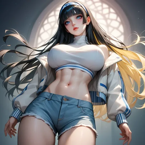 (( black hair))、(Yellow inner hair), top quality、 ( professional lighting without shadows )、 surreal, (Nipples:0.4), is fascinating、 figure like a slender supermodel、 1 girl,( big breasts, Belly button exposed), ( flat at honny, beautiful skin)), (明るい and ...