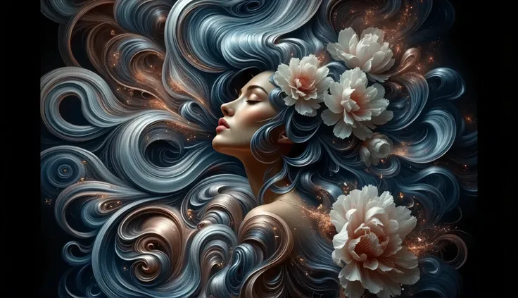 a powerful feminine figure her flowing hair creating hypnotic waves based on F(x) = x³*sin(x) + cos(x²)*sin(x), inspired by James Jean's surreal artistic style, her hair intertwining with blooming peonies and swirling botanical patterns, metallic accents c...