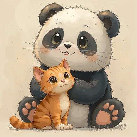 a adorable diminutive orange tabby cat with bright curious eyes, fluffy whiskers, and a tiny pink nose standing upright on its hind legs behind a plush giant panda bear with a sweet gentle expression, soft black and white fur, and a subtle smile, both set ...