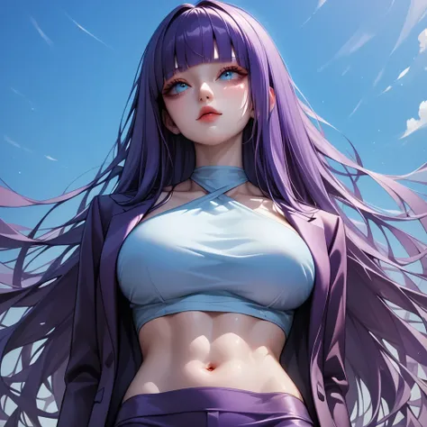 ((purple Hair))、(black inner hair), best quality、 ( professional lighting without shadows )、 surreal, (Nipples:0.4), is fascinating、 figure like a slender supermodel、 one girl ,, ( big breasts, Belly button exposed), ( flat at honny, beautiful skin)), (明るい...