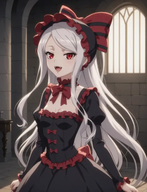 masterpiece, best quality, anime screenscap, shalltear, silver hair, long hair, red eyes, ((young female, sexy body, small breasts)), black dress, bonnet, bow, dress, frilled dress, frills, large bow, long sleeves, vampire, natural shading, lighting, perfe...